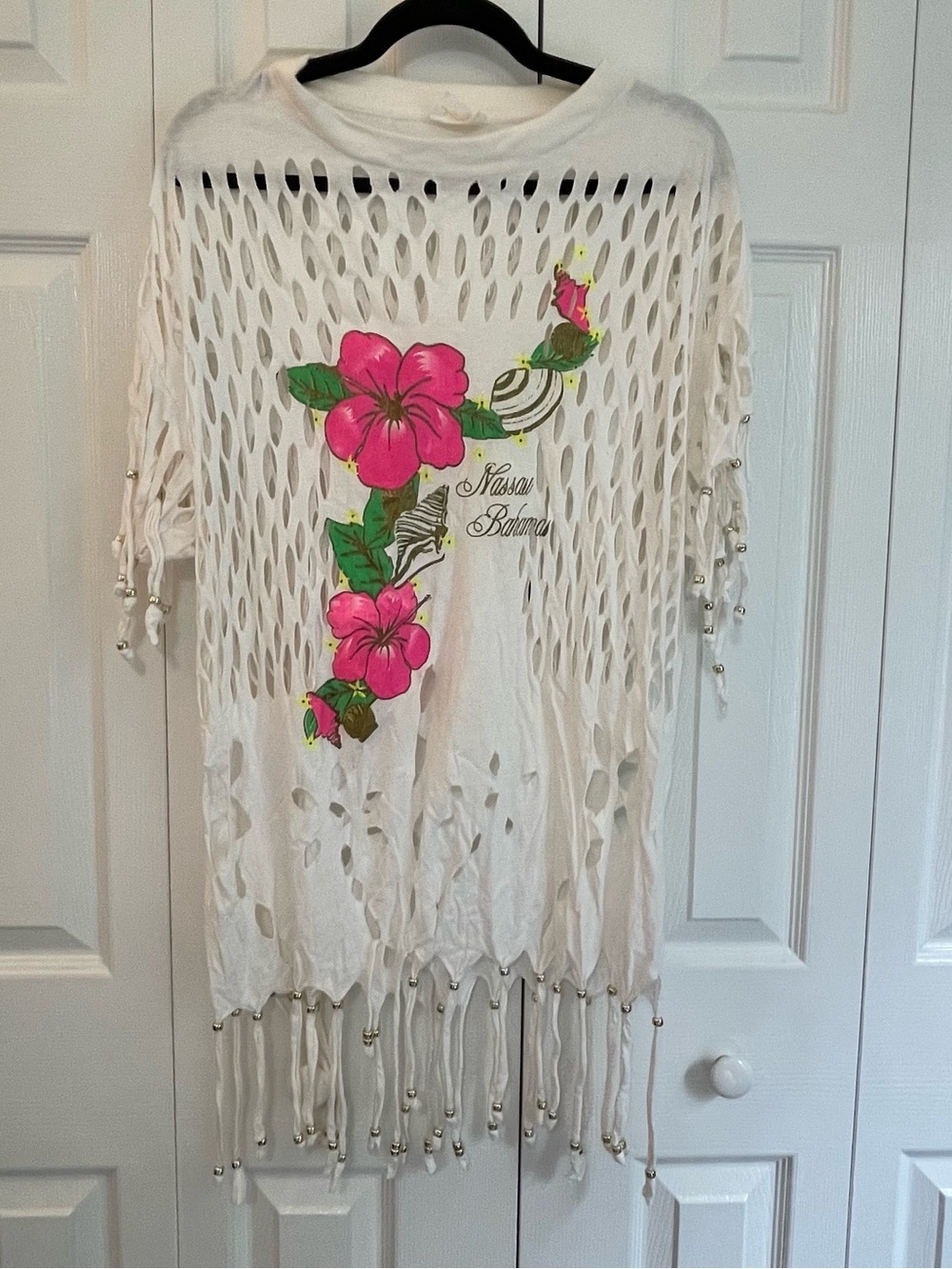 Nassau Bahamas Floral Cutout Swimsuit Coverup - White with Pink Flowers Size XL